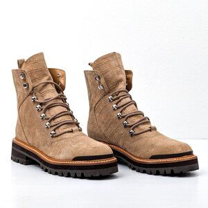 Marc Fisher Women Lizzie 2 Lace-up Croc Print Beige Suede Combat Boots Sz 7.5
